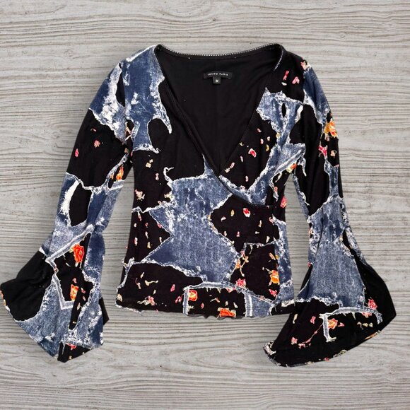 Tempo Paris Boho Patchwork Bell Sleeve Top Black Denim Print Floral Y2K Retro M - Picture 1 of 4